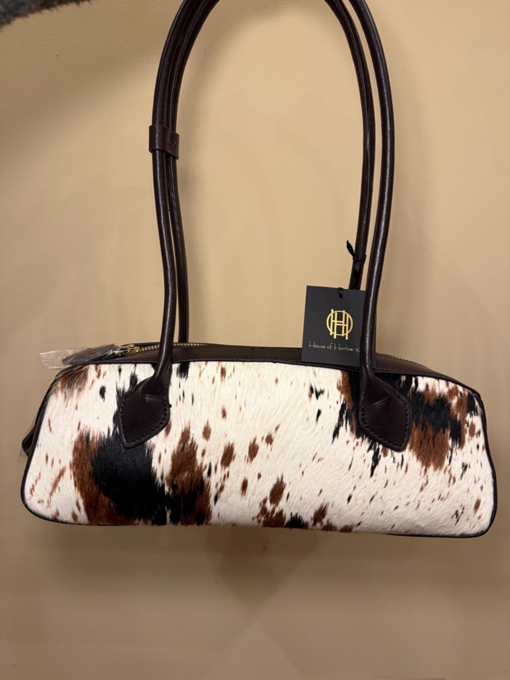 NWT House of Harlow 1960 Cowhide Cow Calf Hair Genuine Leather Long Shoulder Bag